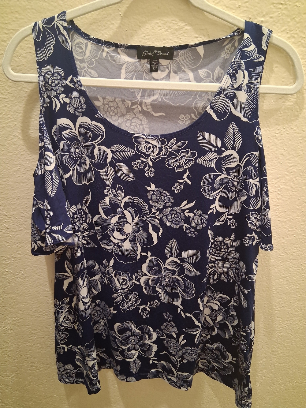 Slinky Brand Navy and White Floral Cold-Shoulder Tank